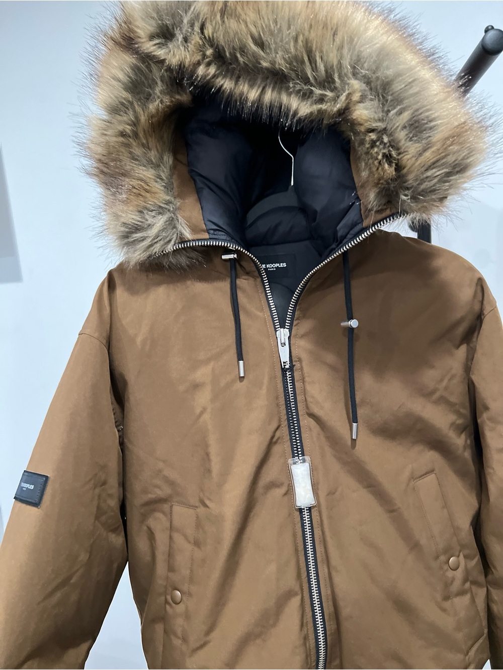 The Kooples Brown Hooded Puffer Jacket with Faux Fur Trim